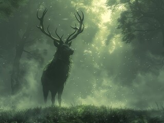 Noble cartoon stag in a misty forest, majestic green background for themes of leadership and dignity.
