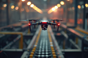 Drone quadcopter with digital camera flying over a conveyer belt - obrazy, fototapety, plakaty