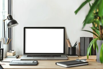 Modern workspace with mockup laptop screen. Suitable for tech-related advertising, remote work content, and productivity tips.