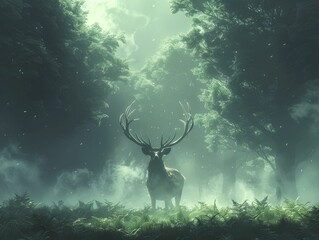 A regal stag stands tall amidst the misty forest, embodying leadership and dignity in the serene green backdrop.