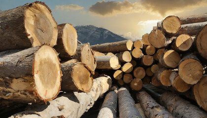 Waldwirtschaft, Holzindustrie, Baumstämme gestapelt in einem Sägewerk, KI generiert - obrazy, fototapety, plakaty