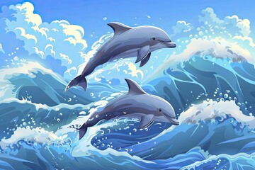 Playful cartoon dolphins jumping over waves, vibrant ocean blue background for marine life and joy themes.