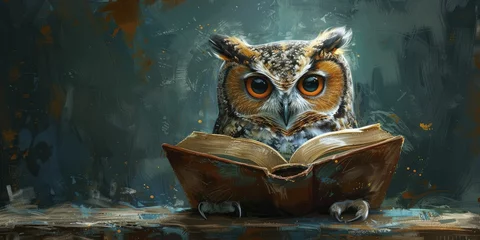 Foto op Canvas An introspective owl delves into knowledge amid a lush green forest, embodying themes of wisdom and learning. © Kanisorn