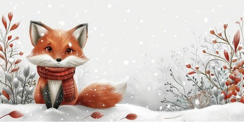 Obraz premium Rustic cartoon fox with a scarf in snowy landscape, cozy white background for winter apparel ads.