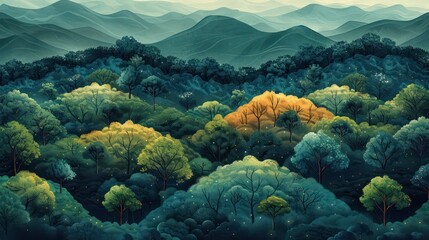 Vibrant digital artwork portraying a mystic forest scene with layered hills in the background, evoking a sense of wonder and fantasy - obrazy, fototapety, plakaty