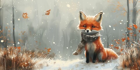 Obraz premium A whimsical fox adorned in a scarf frolics in a snowy wonderland, perfect for showcasing winter apparel in a cozy setting.