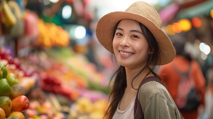 Smiling woman in a fruit market. Perfect for travel and lifestyle blogs, healthy eating promotions, and cultural diversity features.