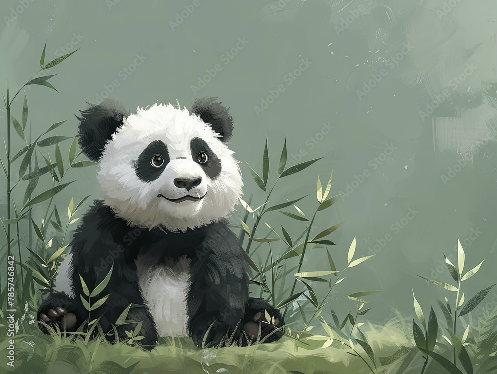 Wall mural thoughtful cartoon panda with bamboo, peaceful green background for themes of nature and conservatio