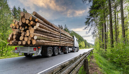 Waldwirtschaft, Holzindustrie, LKW, Langholztransporter beladen mit Holzstämmen, auf der Straße, KI generiert