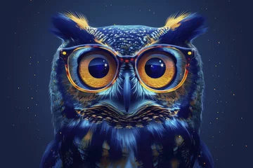 Photo sur Plexiglas Dessins animés de hibou Stern cartoon owl teacher with glasses, scholarly deep blue background for educational posters.