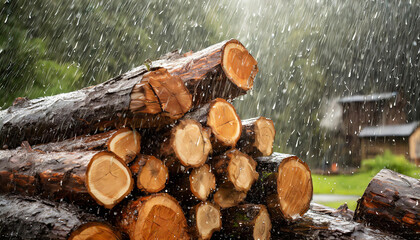 Waldwirtschaft, Holzindustrie, Holzscheite für Brennholz liegen im Regen, KI generiert