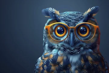 Fototapete Rund An astute owl professor in spectacles imparts wisdom against a scholarly deep blue backdrop, ideal for educational visuals. © Kanisorn