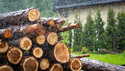 Waldwirtschaft, Holzindustrie, Holzscheite für Brennholz liegen im Regen, KI generiert - obrazy, fototapety, plakaty