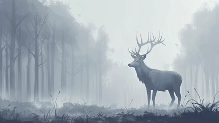Wandering cartoon deer in a misty forest, ethereal grey background for mysterious adventure stories.