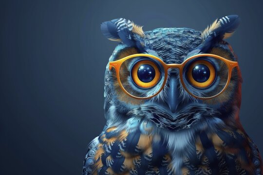 An astute owl professor in spectacles imparts wisdom against a scholarly deep blue backdrop, ideal for educational visuals.