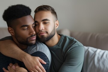 Obraz premium Intimate gay couple embracing on couch. Perfect for articles on LGBTQ+ relationships, diversity, and modern love.