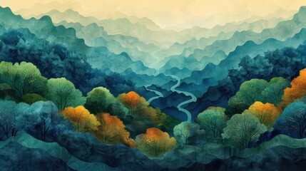 This illustration presents a serene view of layered mountain ranges with a winding river amidst colorful autumn trees The image exudes tranquility and the beauty of nature