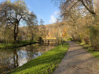 Green leisure park Bois des Reves with lake in Ottignie Louvain la Neuve, province of Walloon Brabant, Belgium