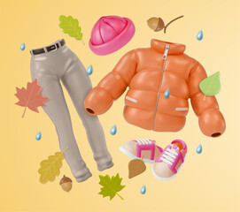 3d Autumn Women Clothing Collection Concept Background Cartoon Design Style Hat, Jeans and Down Jacket. Vector illustration of Floating Objects