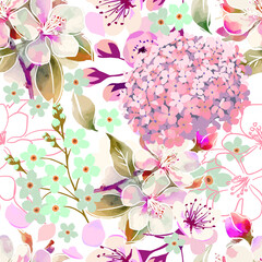 Seamless pattern of pink sakura flowers. hand drawing. Not AI, Vector illustration