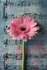 Single pink gerbera flower with elegant petals on a background of musical notation sheet, blending nature and art - obrazy, fototapety, plakaty