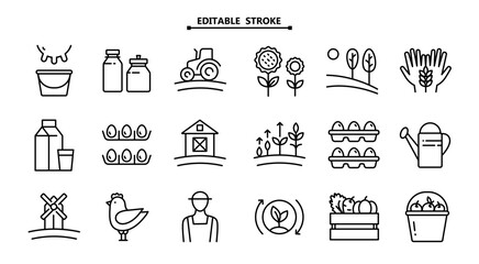 Farm, agriculture icon set. Cultivating plants and livestock, farming, linear icons. Editable stroke, Outline set of farmer vector icons for web design isolated on white background