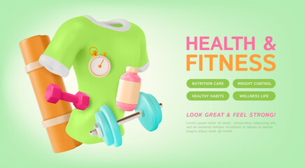 3d Health and Fitness Ads Banner Concept Poster Card Vitamin Protein Supplement Container, Dumbbell and Yoga Mat. Vector illustration of Training Equipment