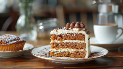 Moment of enjoyment: delicious piece of cake in a stylish café