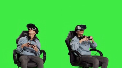 Player enjoying cyberspace gaming competition with vr glasses on smartphone app, playing mobile video games with interactive virtual reality headset. Woman plays tournament, greenscreen. Camera B.