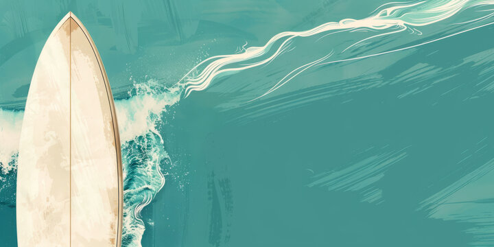 Teal banner with a surfboard on the side with space for copy space.
