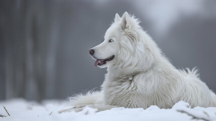 Fototapeta premium Portrait of albino wolf in the wildlife, lying in the white snow, winter season