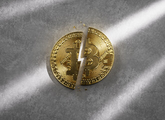A golden Bitcoin coin split in half on concrete background, concept of Halving, an event that occurs in btc approximately every four years and divides miners' rewards in half