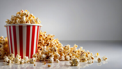 red and white vertical striped paper cup full of popcorn on gray background