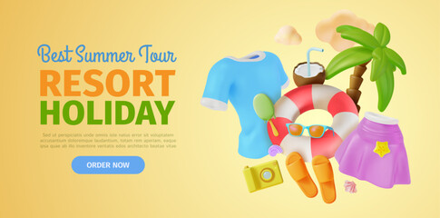 Naklejka premium 3d Best Summer Tour Resort Holiday Ads Banner Concept Poster Card. Vector illustration of Floating Palm, Shirt and Sunglasses