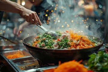 A chef's hand is seen stirring a mix of fresh peas, carrots, and other vegetables in a searing hot pan on a stove