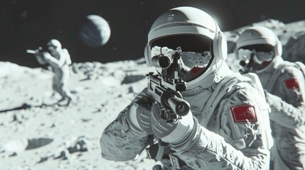 Picture of astronaut with riffle - man or woman in suit with helmet and riffle, futuristic wars