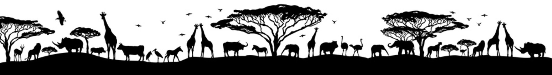 African long landscape silhouettes of animals. hand drawing. Not AI, Vector illustration
