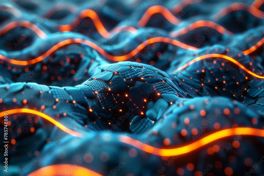 Poster this striking image captures a textured pattern of digital red and blue waves with sparkling dots on