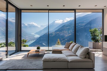 Luxurious living room with mountain view - obrazy, fototapety, plakaty