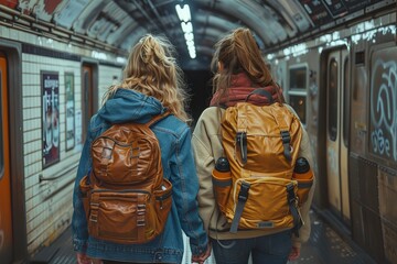 Two friends with backpacks waiting on a subway platform, exploring the urban scene of New York City - obrazy, fototapety, plakaty