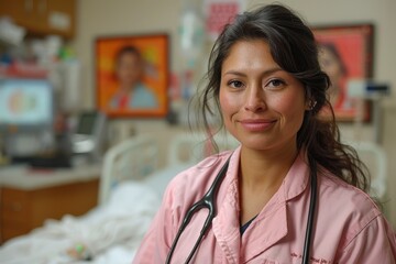 A female healthcare professional with a warm smile poses in her pink scrubs, suggesting care and compassion in a clinical setting