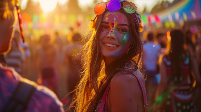 A free-spirited woman with colorful face paint, dancing at a sunset music event. Shallow depth of field, blurred background.