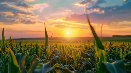 Closeup of a sunset beauty over corn field with blue sky and clouds landscape, agricultural background