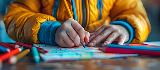 A child uses colorful pencils to draw in a notebook, expressing creativity and imagination.