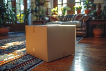 A single cardboard box on a shiny wooden floor in a room indicating a move, delivery, or a new beginning - obrazy, fototapety, plakaty