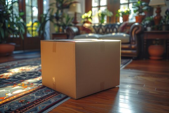 A single cardboard box on a shiny wooden floor in a room indicating a move, delivery, or a new beginning