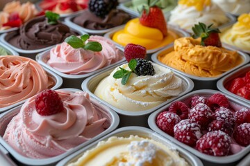 A tempting display of multiple gelato flavors neatly presented in metallic trays with fruit...