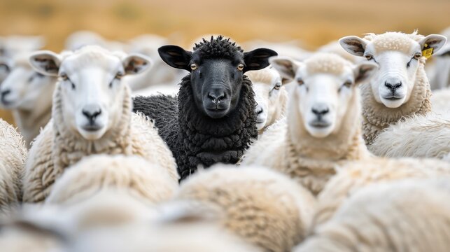 A black sheep among a flock of white sheep, unique individual