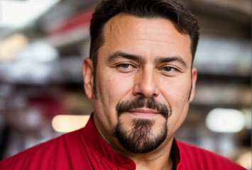 Obraz premium Chefs face in close-up, relaxed demeanor, blurred food market background. AI generated.
