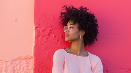 A fashion-forward woman with a curly afro and chic sunglasses stands against a vibrant pink and yellow wall, radiating confidence and style